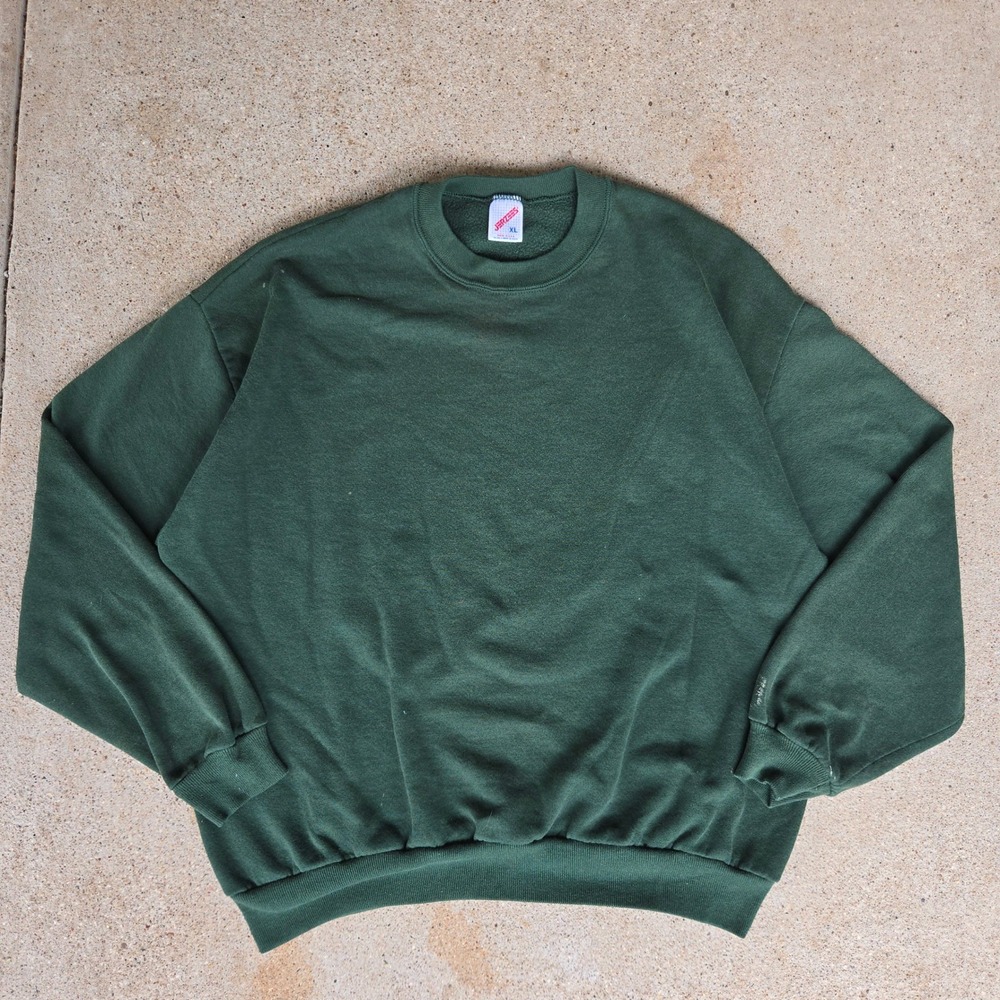 VTG Blank Forest Green Crewneck Jerzees Sweatshirt XL Mens Distressed Fleece USA